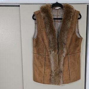 Orvis Brown Faux Fur Trim Vest Size Medium